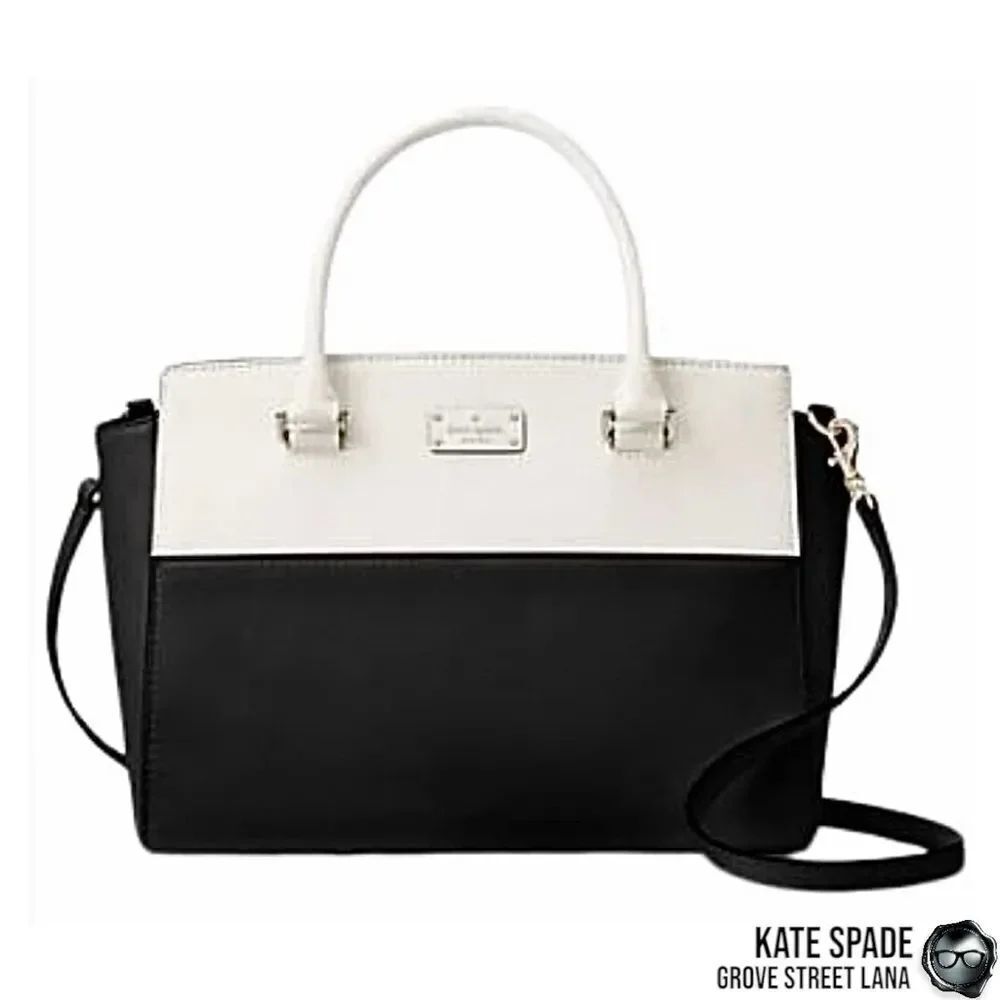KATE SPADE GROVE STREET LANA LEATHER SATCHEL IN BLACK/CREAM WITH CROSSBODY STRAP